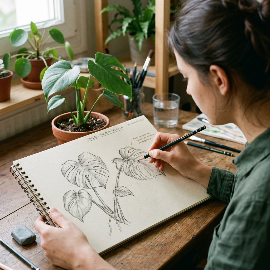 Person drawing Monstera deliciosa leaves in pencil on sketchpad